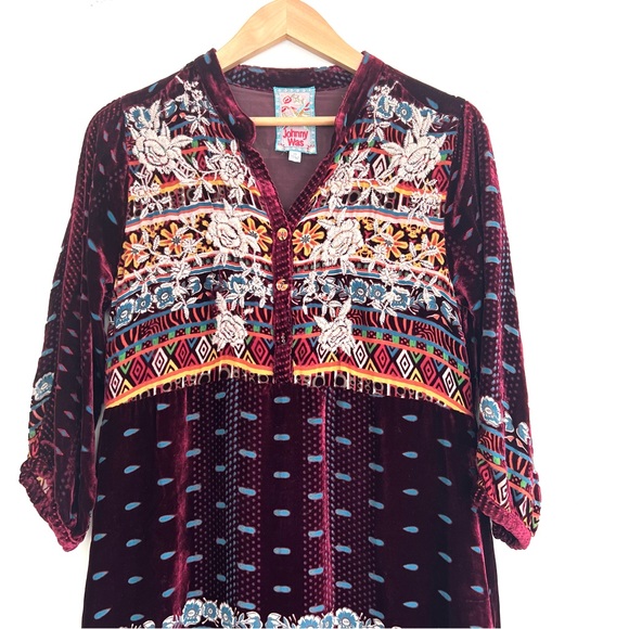JOHNNY WAS Hania Velvet Burgundy w Multicolor Embroidery Tunic Mini Dress Sz XS - Picture 4 of 16